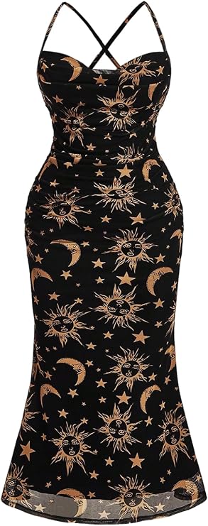 Floerns Women's Plus Size Vintage Graphic Mesh Long Birthday Goth Dresses