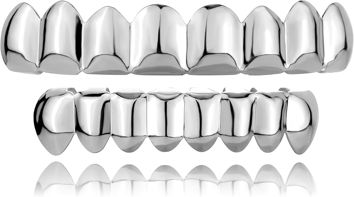 TOPGRILLZ Grillz Grills for Your Teeth - Men Gold Teeth 8 Grillz for Women 18K Gold Plated Polished Rugged Hip Hop Grill Rapper Costume