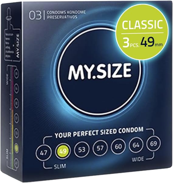 MY.SIZE Classic Condoms Size 2 I 49 mm Width I 3 Pieces Trial Pack I Premium Extra Thin I Kondoms True to Touch Gossamer I Thin 0.07 mm wall Thickness I Vegan I Condoms for Men