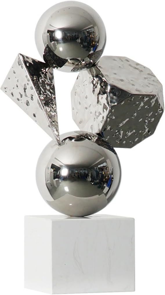 Stainless Steel Geometric Abstract Sculpture, Mirror Sphere with Ripple Hexahedron & Triangular Pyramid, Modern Handmade Art for Luxury Home, Office, Hotel Decor (H:23.6 in Silver/White Base)