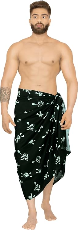 LA LEELA Men's Halloween Pirate Sarong Wrap Pareo Caribbean Pirate Swim Trunks Swimwear Full Beach Wraps for Men