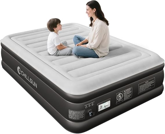 CHILLSUN Double Inflatable Mattress, Air Bed with Built-in Electric Pump, Fast 3-Min Self Inflation, Flocked Surface Airbed for Home, Double Blow Up Bed with Carry Bag, 191cm L x 137cm W x 46cm H
