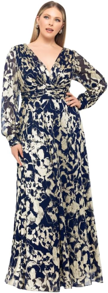 Betsy & Adam Women's Betsy & Adam Women's Long-Sleeve Gown with Plunging V-Neckline, Metallic Print, and A-line Silhouette.