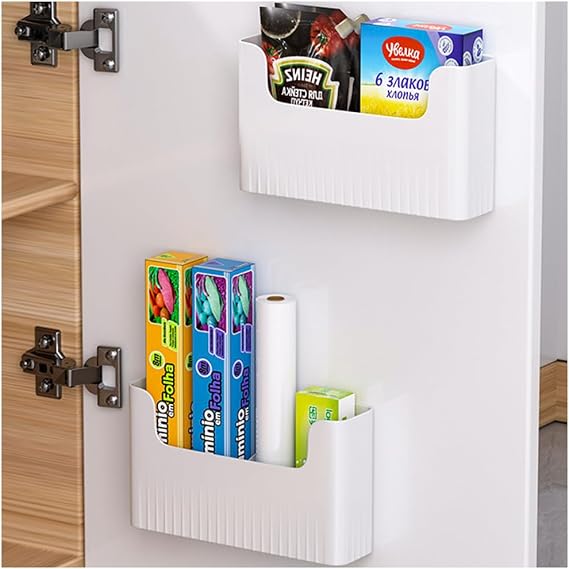 2 Pcs Kitchen Cabinet Door Storage Boxes, Self-Adhesive Wall Mounted Storage Box, Multipurpose Small Items Organiser for Cabinet Bathroom Fridge (White, 2*L) 