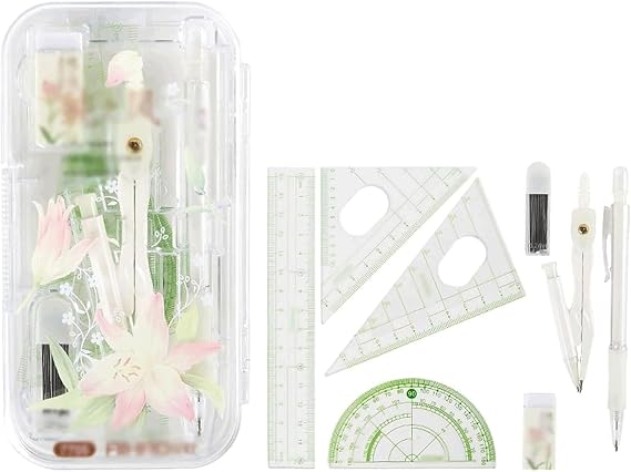 8-Piece Geometry Compass Set, Math Drawing Compas Drafting Compass Kit with Rulers, Compass Eraser Protractor & Lead Refills Pencil