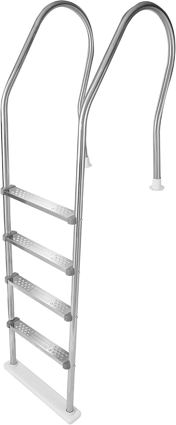 Blue Wave Above Ground Stainless Steel Pool Ladder - Ergonomic Reverse Bend Handrails for Comfortable Deck Entry - Non-Slip Steps for 48 to 54-In Deep Pools - 225-lb Cap, Includes Aluminum Flanges