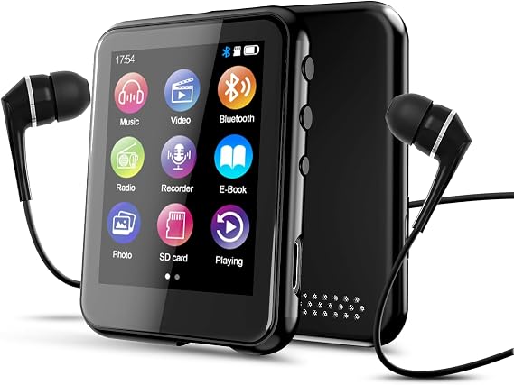 64GB MP3 Player with Bluetooth 5.3, QNGEE 2.4 inch Full Touchscreen Music MP3 for Kids, FM Radio, Voice Recorder, HiFi Sound, E-Book, Earphones Included