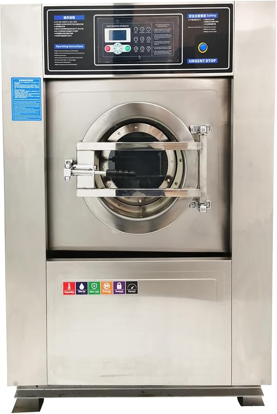220V 2.2KW Industrial Front Load Washer 44LBS | Wash+spin+dry cycle, 6KW heating, 304 SS drum, variable speed, full suspension, emergency stop, for workshops hotel hospitals
