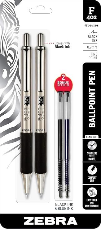 Zebra Pen, STEEL F-402 Retractable Ballpoint Pens, 0.7mm Fine Point, Black Ink, Stainless Steel Barrel and Clip, Pack of 2 Pens + 2 Refills