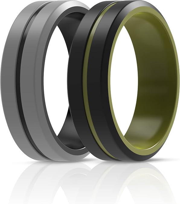 ThunderFit Silicone Wedding Rings for Men 2 Layers, Beveled Edge Rubber Engagement Bands 8.2mm Wide 2.5mm Thick - 1/2/3/4/5/6/7 Variety Multipack