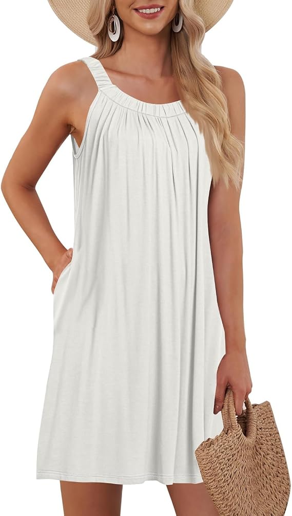 Womens Summer Dresses Beach Cover Up Tank Dress Casual Vacation Short Summer Halter Dresses with Pockets