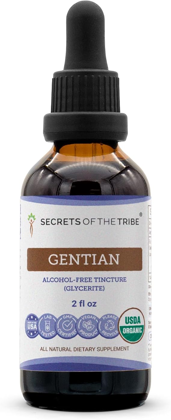 Secrets of the Tribe Gentian USDA Organic | Alcohol-Free Extract, High-Potency Herbal Drops | Made from 100% Certified Organic Gentian (Gentiana Lutea) Dried Root (2 oz)