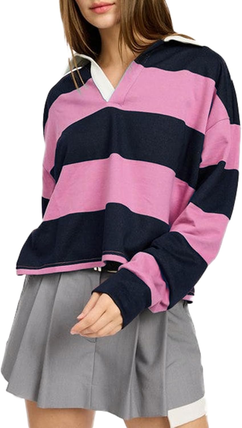 Women Vintage Cropped Rugby Top Collared V Neck Long Sleeve Striped Crop Top Polo Sweatshirt Fall Clothes