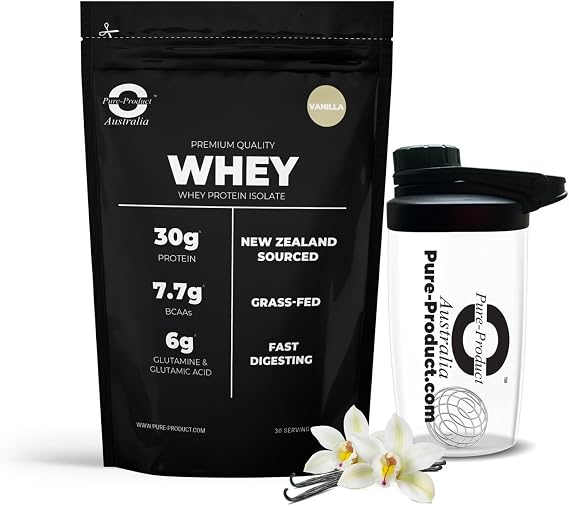 Pure Product Australia Whey Protein Isolate Powder Vanilla 2 kilograms with Glass Shaker