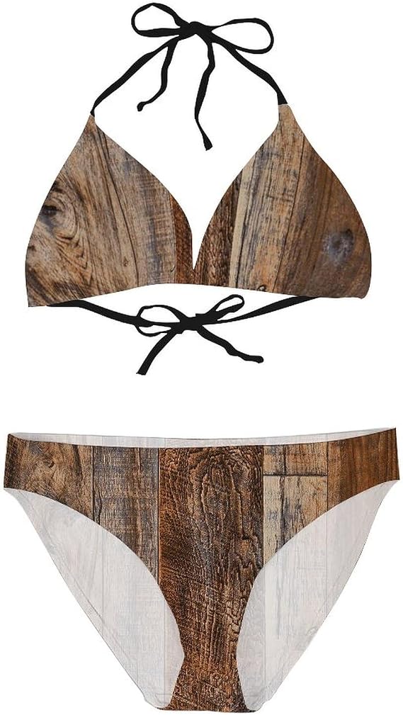Brown Wood Print Bikini for Beach, Pool Tropical Getaways