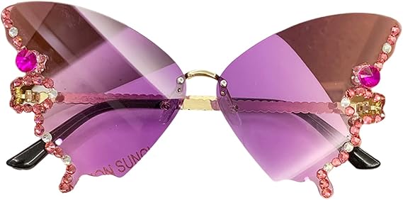 Diamond Butterfly Sunglasses Women Rimless Sunglasses Small Face Bling Sunglasses -Eye Butterfly Glasses, Gradient Purple