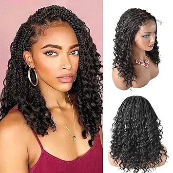 Lace Braids Wig For Black Women Box Braided Wigs Curly Swiss Lace Front Braid Wigs Hand Tied Micro Twist Braiding Wig Knotless Synthetic Braids Wig With Baby Hair (LL602483C, #1B)