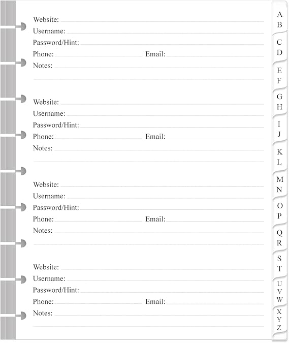 9-Disc Discbound Password Book Refills for Happy Planners - A-Z Password Notebook Refill Paper with Alphabetical Tabs, 120gsm White Paper, 7" x 9.25"