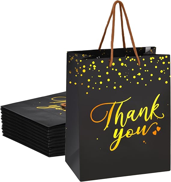 Black and Gold Paper Gift Bags with Handles,10x8x4.8 Inch, 20 Pack
