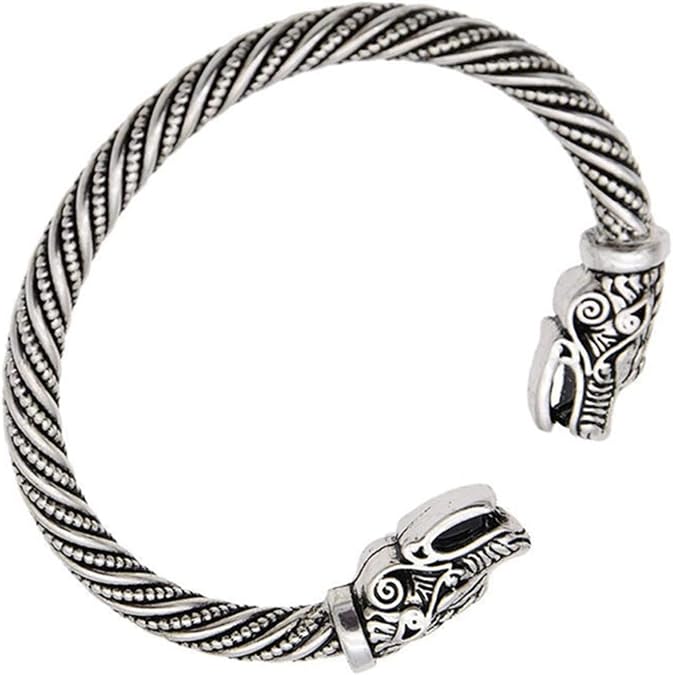 U-M Mens Stainless Steel Opposite Dragon-Themed Twisted Wire Viking Cuff Bangle Bracelet Dragon Head Bracelet Braided Bangle,Silver Nice Design