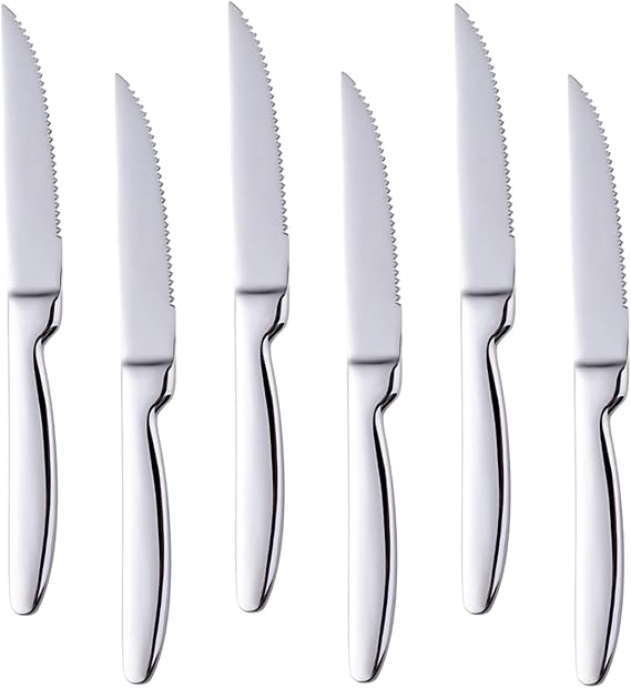 Kitchen Steak Knives Set of 6, 8.6 Inches Heavy Duty Steak Knife Sets, Stainless Steel Non-Stick Silverware Set for Home, Restaurant, Party, Wedding, Dishwasher Safe