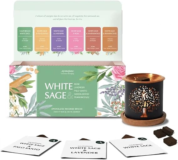 White Sage Smokeless Incense Brick Gift Set & Tree of Life Burner Aromafume | 12 Bricks | White Sage with Rose, Lavender, Palo Santo, Sandalwood, Frankincense | Sage for Cleansing, Smokeless Smudging