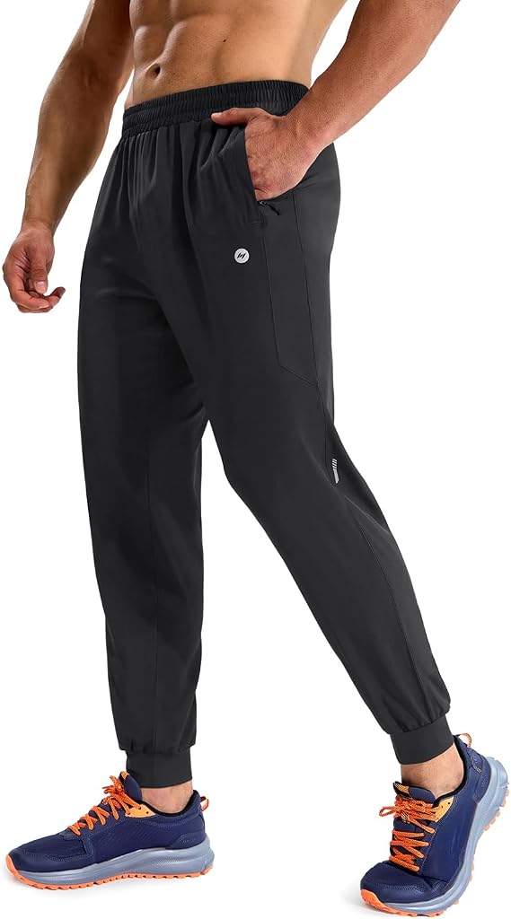 MIER Mens Dry Fit Running Joggers Lightweight Athletic Track Pants | 95% Recycled polyester, Stretch, 3 Zip Pockets, Elastic Drawcord Waist, Ankle Cuffs, Reflective, Workouts, jogging, fitness