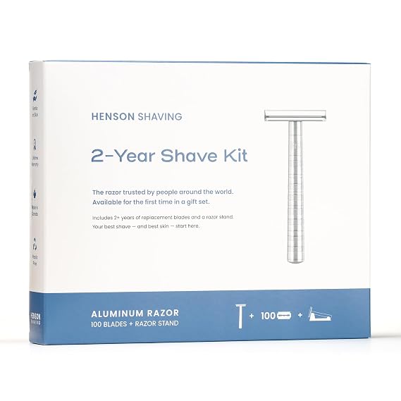 Henson AL13 Safety Razor Shave Set Includes Safety Razor, Stand & 100 Razor Blades Gentle, Precision Shaving Kit for Men & Women Aluminum Double Edge Razor for Smooth, Irritation-Free Shaves