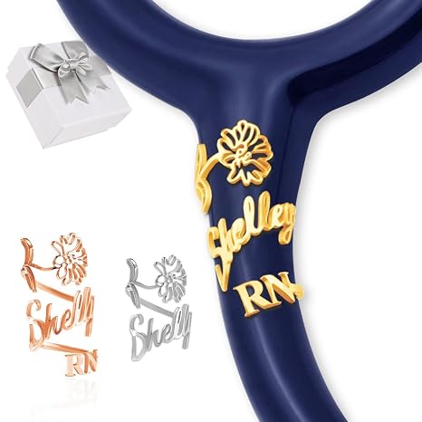 Personalised Stethoscope Name Tag Custom Stethoscope ID Charm Accessories for Nurse Doctor Vet, Stainless Steel Engraved Id Tag for Medical Students Gifts (Birthday Flowers)