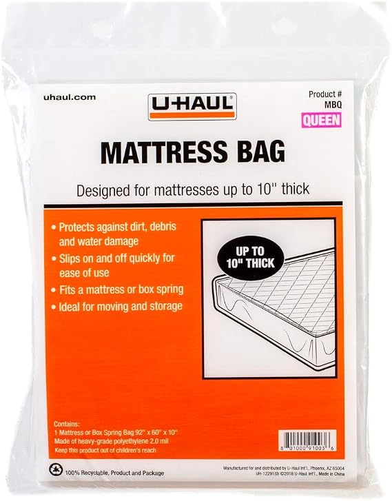 U-Haul Queen Mattress Bag Heavy-Duty Plastic Protection for Moving & Storage 92" x 60" x 10" (1-Pack)
