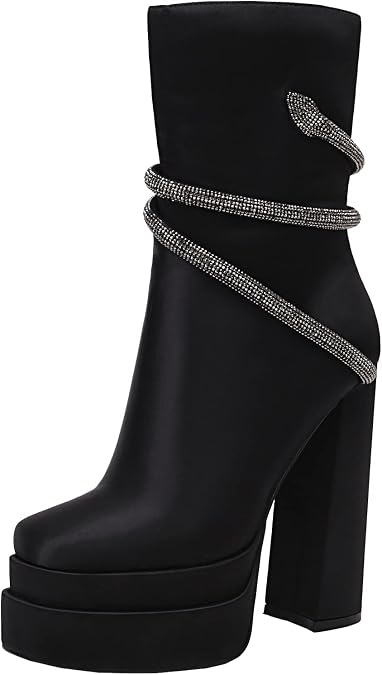 vivianly Women's Platform Mid Calf Boots Square Toe Chunky Heel Ankle Boots with Side Zipper Stretch Short Go Go Boot