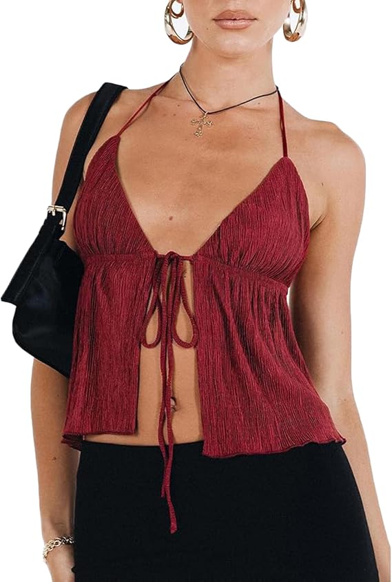 RUEWEY Women Y2K Backless Crop Top Vintage Sexy Tie Up Halter Deep V Neck Spaghetti Strap Cami Top Streetwear