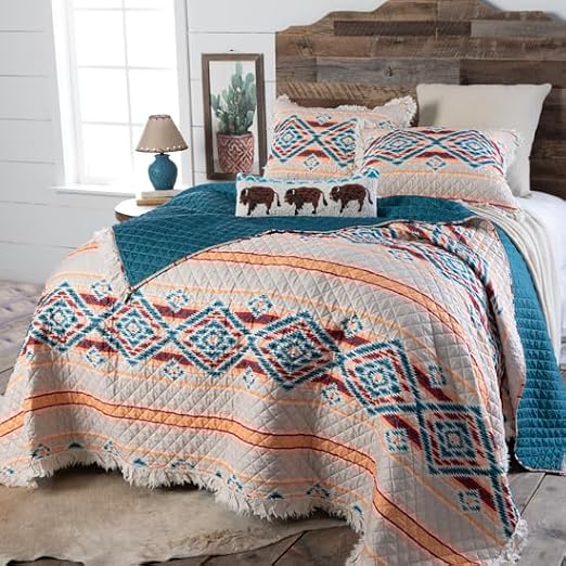 Rod's Sundance Southwest 2-Piece Twin Quilt Set, Aztec Diamond Ruffle Design, Turquoise Blue, Coral Red & Tan, Includes Twin Quilt and Standard Sham, Southwestern Bedding