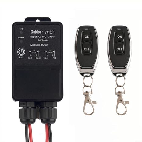 Wireless Remote Switch, IP65 AC100-240V Outdoor Remote Control Switch 30A Relay Receiver, For Pumps, Motors, Lamps, Security Systems, RF 433MHz Waterproof Heavy Duty Fan Garage Gate 164ft Range
