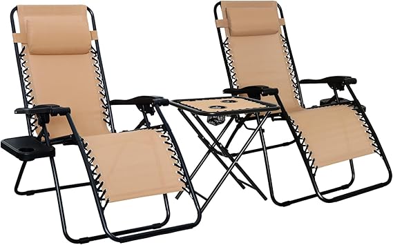 Amazon Basics Outdoor Textilene Adjustable Zero Gravity Folding Reclining Lounge Chair Set with Cup Holder, Side Table, Headrest, Weather-Resistant, 35 x 26 x 43 inches, Beige, 2-Pack
