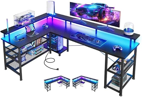 ODK 66" Large L Shaped Gaming Desk with Power Outlet & LED, Black