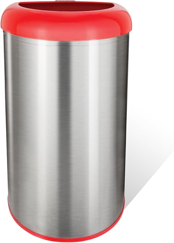 Ninestars OTT-50-19RD Open Top Office Bathroom Trash Can, 13 Gal 50L, Stainless Steel Base (D Shape, Red Lid)