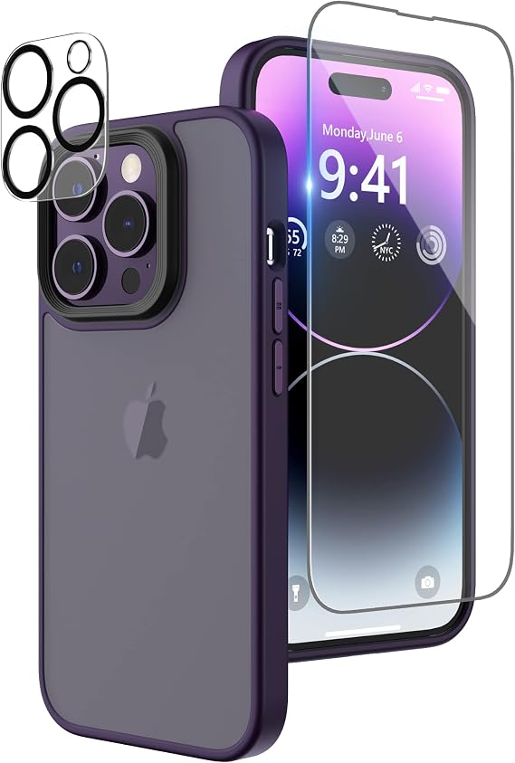 Matte Compatible with iPhone 14 Pro Case with Screen Protector, Full Body Shockproof Case with Camera Protector Translucent Matte Protective Slim Phone Case 6.1 inch, Midnight Purple