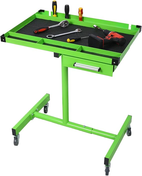 Adjustable Tear Down Work Table with Wheels, Drawer, Rolling Work Table, Rolling Tool Tray, Heavy Duty Workbench, Portable Mobile Work Table for Garages, Repair Shops, Warehouse, 220lbs Capacity