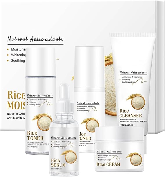 Rice Skin Care Sets, Rice Extract Double Raw Pulp Skin Care Products Set whit Facial Toner, Lotion, Facial Serum, Facial Cream and Cleanser, Improves Rough Skin, Restore Skin Elasticity(5PCS)