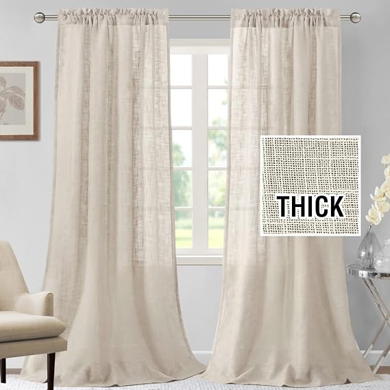 H.VERSAILTEX Linen Curtains - 96 Inch Long Natural Linen Blended Textured Light Filtering Rod Pocket Curtains for Living Room & Bedroom, 2 Panel Sets, Ivory