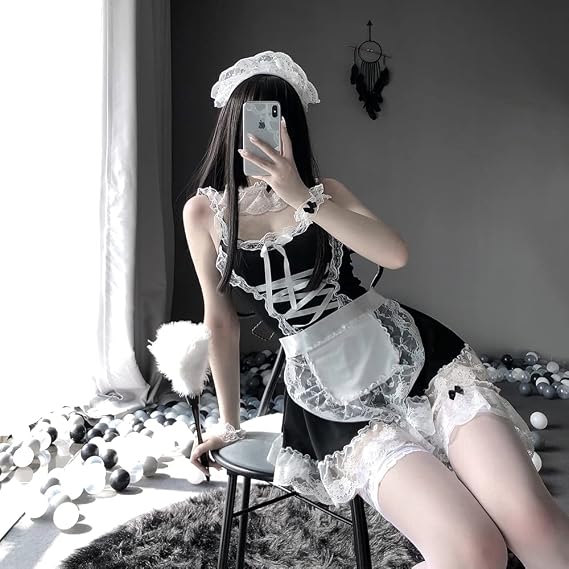 Women Sexy Lingerie French Apron Maid Uniform Cosplay Costume Server Lolita Hot Babydoll Dress Uniforms Erororole Play Xoic No Stockings-US