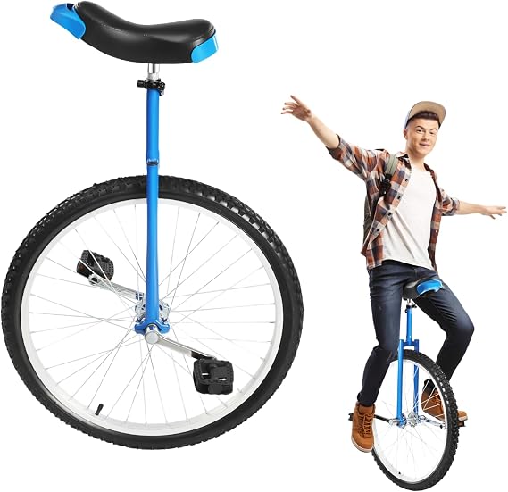 Unicycle 24 Inch One Wheel Bike with Aluminum Alloy Rim and Pedals, Manganese Steel Frame 36"-40" Height Adjustment Outdoor Unicycles for Adults, Entertainment Exercises Balance Blue