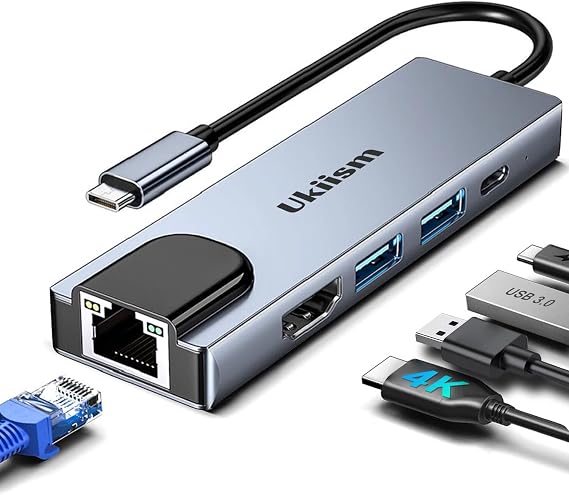 USB C Hub 5 in 1 Multiport Adapter, USB C Hub with 4K HDMI, Ethernet RJ45, 100W PD Charging, USB 3.0 Ports, Type C Docking Station for MacBook Pro Air, iPad, Laptop
