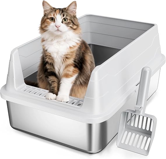 Stainless Steel Cat Litter Box for Small Cats, Odor Free Metal Litter Tray with High Sides Lid, Open Top Low Entry Litter Pan Include Scoop Easy Cleaning Kitty Cat Box Anti-Urine Leakage, Non-Sticky