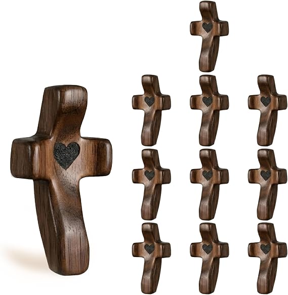Wooden Cross Fidget Pocket Prayer Crosses Bulk, Handheld Comforting Cross for Anxiety Relief, Christian Religious Gifts, Baptism Favors, Church Cross My Heart Encouragement Gifts (10Pcs)