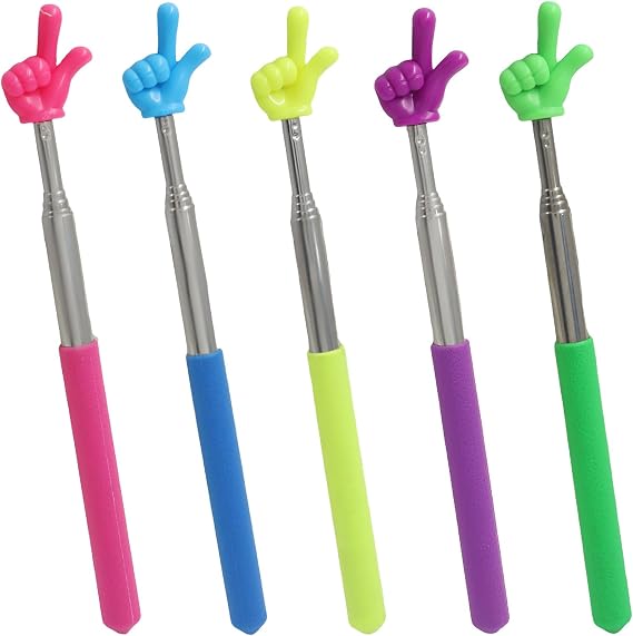 Retractable Teacher Pointer Sticks, 5 Pack, Multi-Color | Hand Pointer Stick, Student Finger Pointing Sticks, Extendable, School Supplies for Classroom/Reading