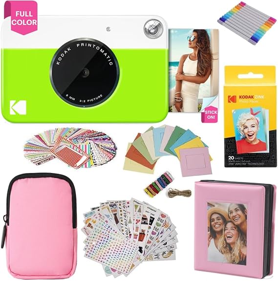 Kodak Printomatic Full-Color Instant Print Camera Gift Bundle + Soft Case + Zink 2x3 Sticky Back Photo Paper 20pk + Album + Sticker Sets + Sticker Frames + Hanging Frames + Markers, Fun Gift - Green