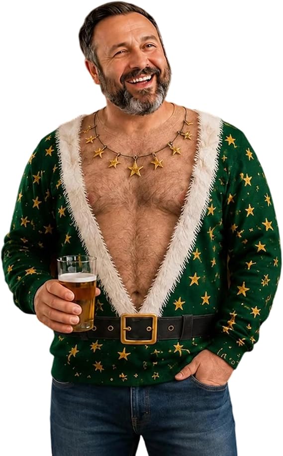 Mens Ugly Christmas Sweatshirt Funny 3D Print Pullover Hairy Chest Jumper