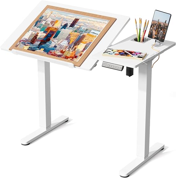 JOY worker Electric Drafting Table, 4020" Height Adjustable White Art Desk | 090 Tiltable MDF Top with Long Lip, Drawing Workstation, Cup Holder & Cable Management, for Artist Craft Home Studio Office